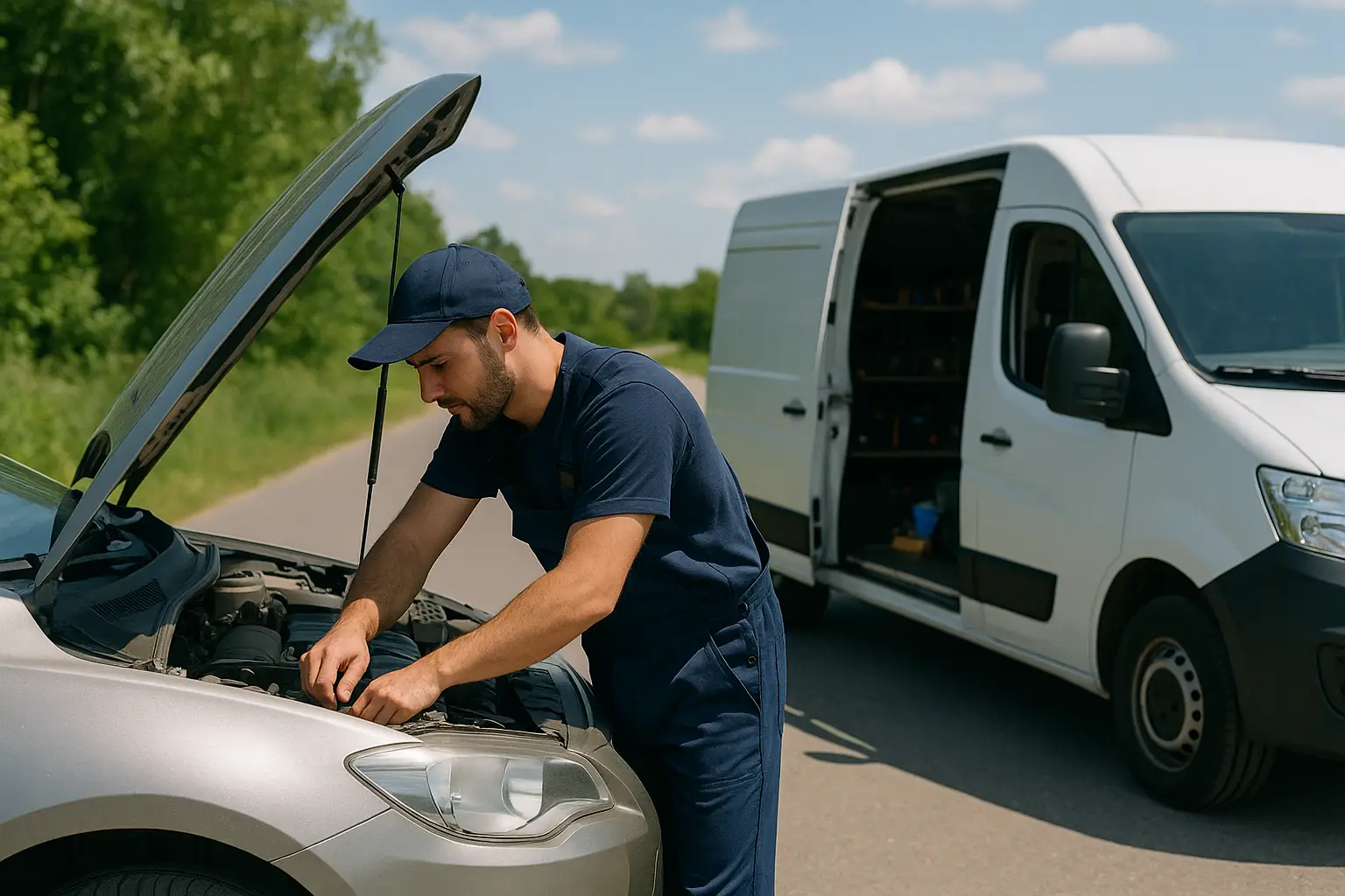 A mobile mechanic in a navy uniform repairs a silver sedan on a rural roadside, with an open white service van displaying tools in the background under a bright blue sky.