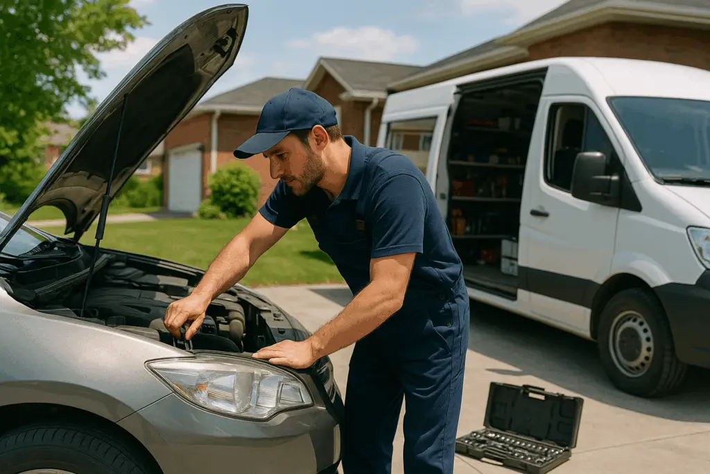 A mobile mechanic in a navy uniform repairs a dark gray sedan in a sunny suburban driveway, with an open white service van and organized tools in the background near a brick house.