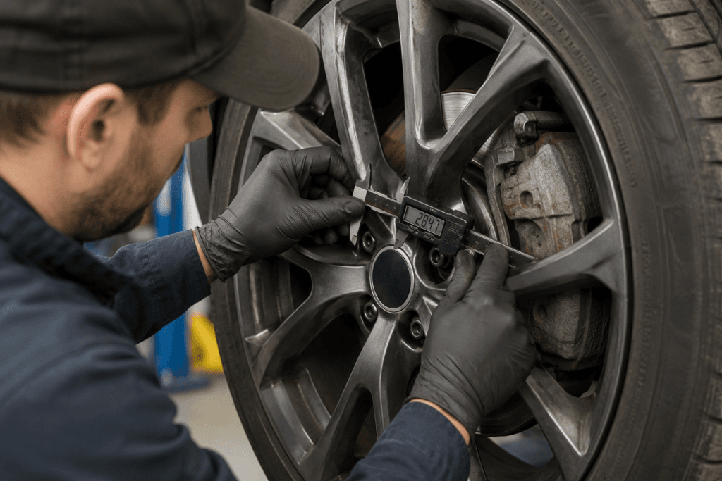 Brake inspection in automotive workshop