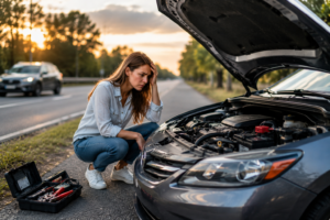 Car breakdown at sunset roadside