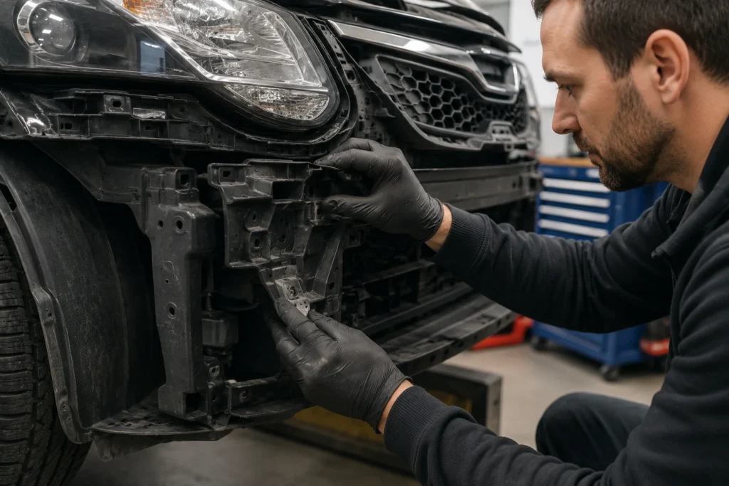 Mechanic working on car front bumper lehi